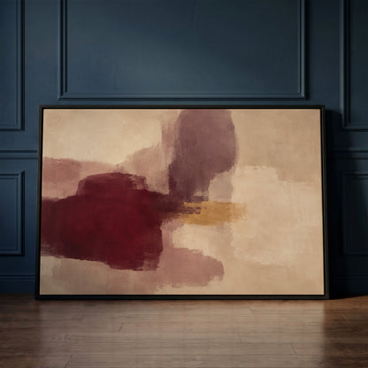 Modern canvas canvas wall art showing colour block abstract with a deep burgundy form, grey violet column and gold band on cream
