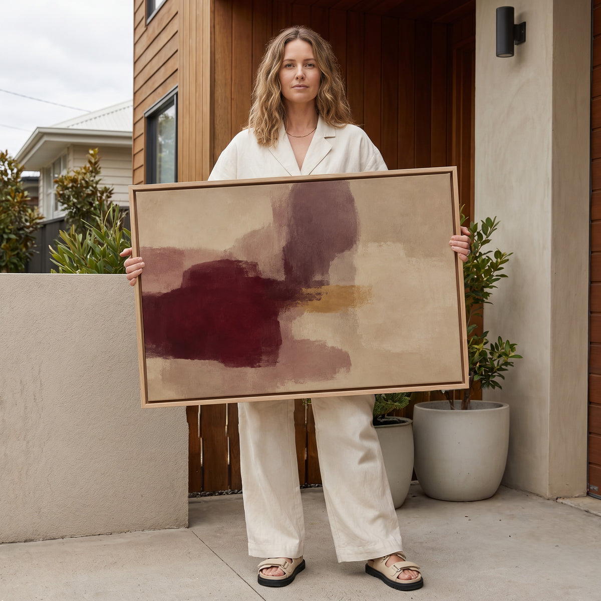Gold abstract canvas wall art showing colour block abstract with a deep burgundy form, grey violet column and gold band on cream