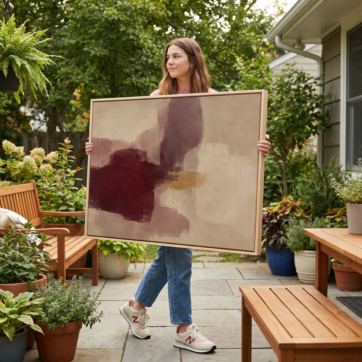 Cream canvas wall art showing colour block abstract with a deep burgundy form, grey violet column and gold band on cream