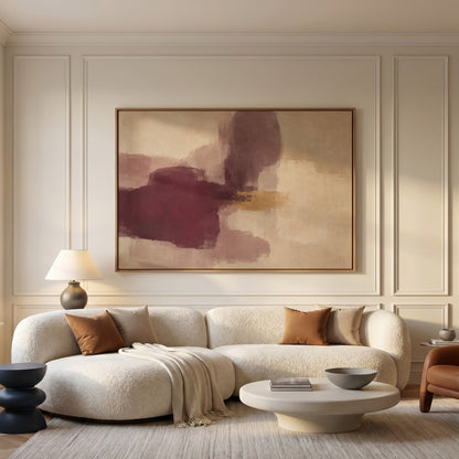 Colour block abstract with a deep burgundy form, grey violet column and gold band on cream, colour block horizontal canvas print