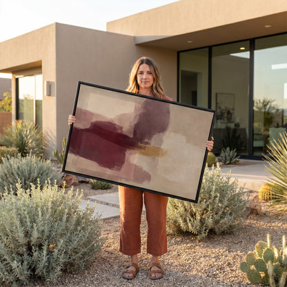 Colour block canvas wall art showing colour block abstract with a deep burgundy form, grey violet column and gold band on cream