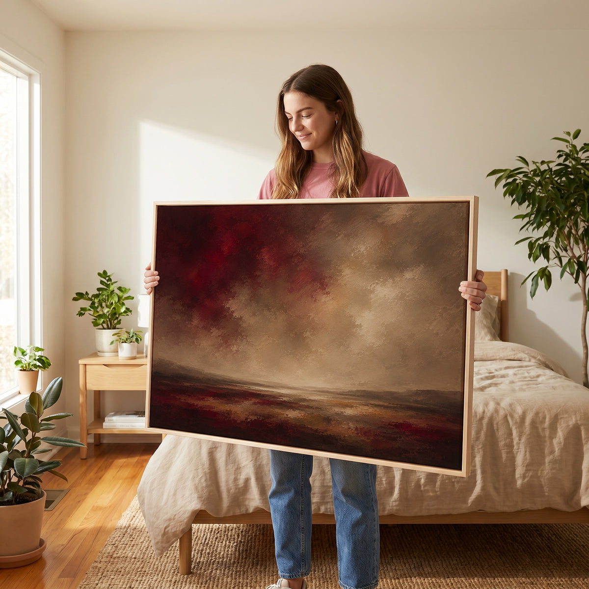 Dark academia canvas wall art showing deep red storm clouds over a wide marsh with a thin band of silver water at the horizon