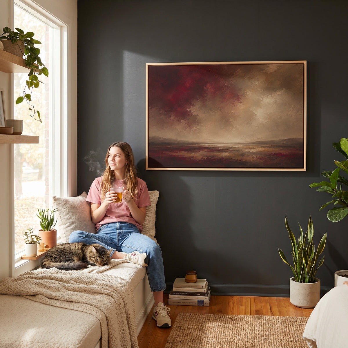 Storm sky canvas wall art showing deep red storm clouds over a wide marsh with a thin band of silver water at the horizon