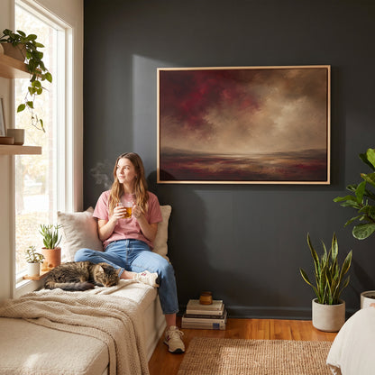 Storm sky canvas wall art showing deep red storm clouds over a wide marsh with a thin band of silver water at the horizon