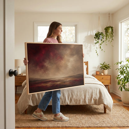Moody landscape canvas wall art showing deep red storm clouds over a wide marsh with a thin band of silver water at the horizon