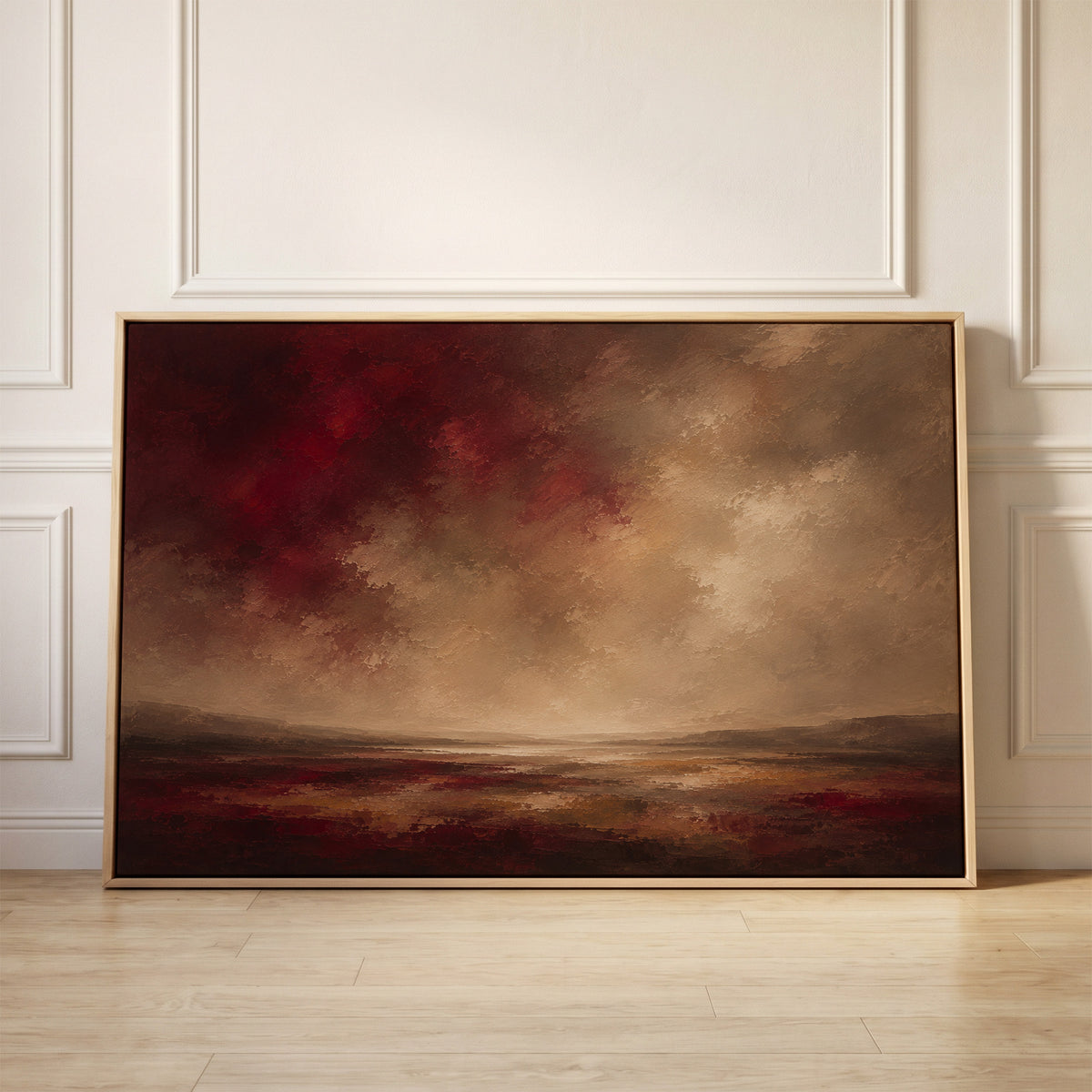 Deep red storm clouds over a wide marsh with a thin band of silver water at the horizon, canvas wall art