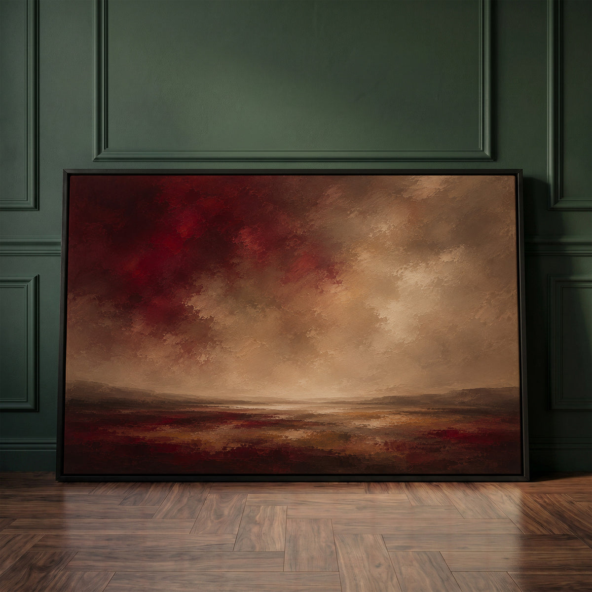 Burgundy canvas wall art showing deep red storm clouds over a wide marsh with a thin band of silver water at the horizon