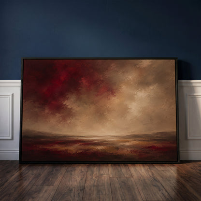 Burgundy study canvas wall art showing deep red storm clouds over a wide marsh with a thin band of silver water at the horizon