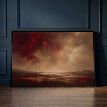 Atmospheric canvas wall art showing deep red storm clouds over a wide marsh with a thin band of silver water at the horizon