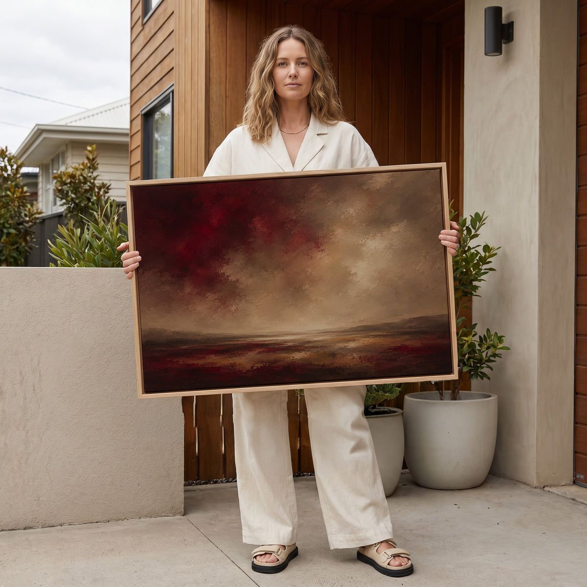 Moody canvas wall art showing deep red storm clouds over a wide marsh with a thin band of silver water at the horizon