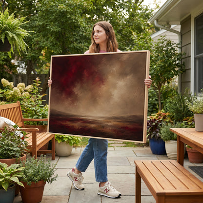 Deep red storm clouds over a wide marsh with a thin band of silver water at the horizon, canvas art print