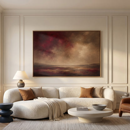 Dramatic canvas wall art showing deep red storm clouds over a wide marsh with a thin band of silver water at the horizon