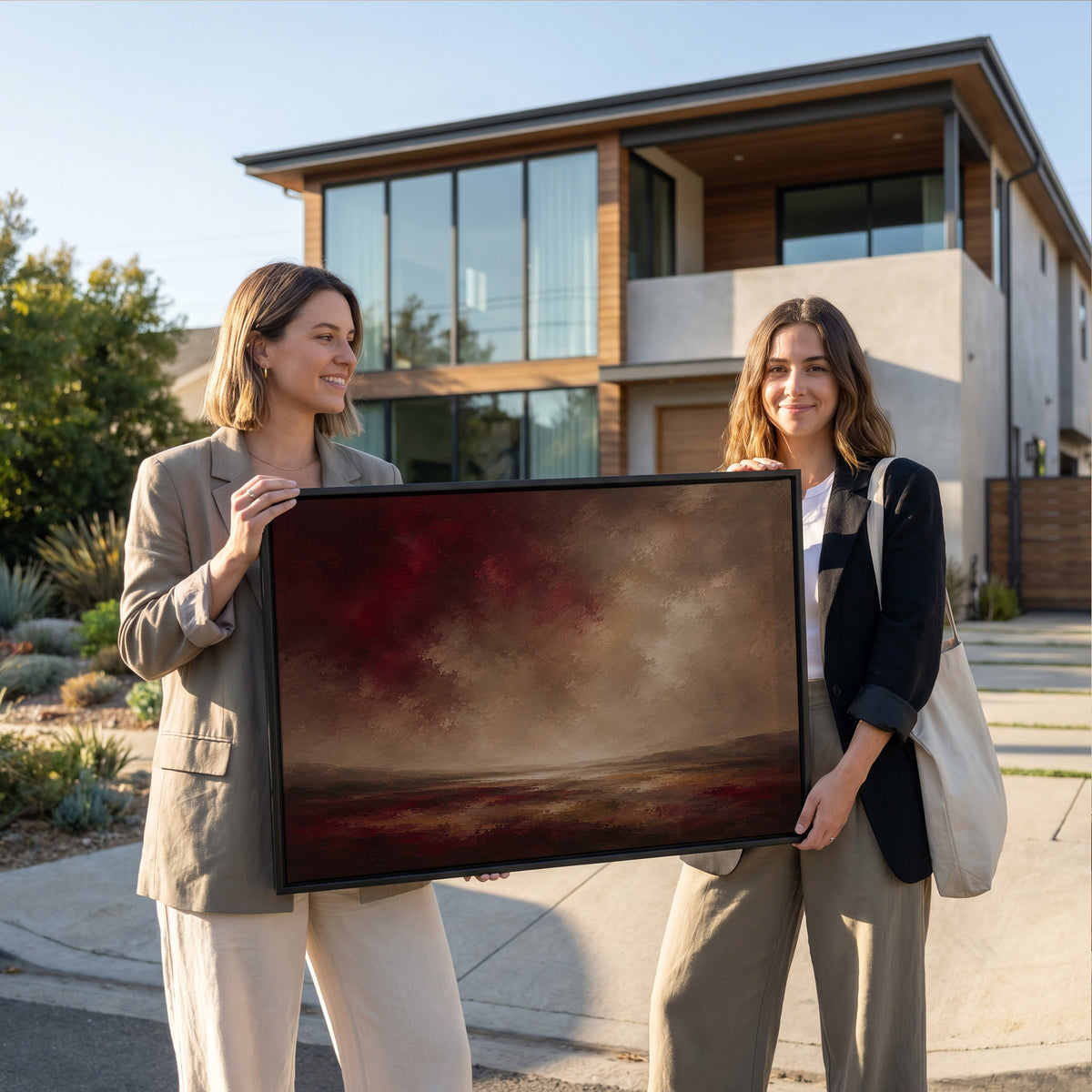 Red sunset canvas wall art showing deep red storm clouds over a wide marsh with a thin band of silver water at the horizon
