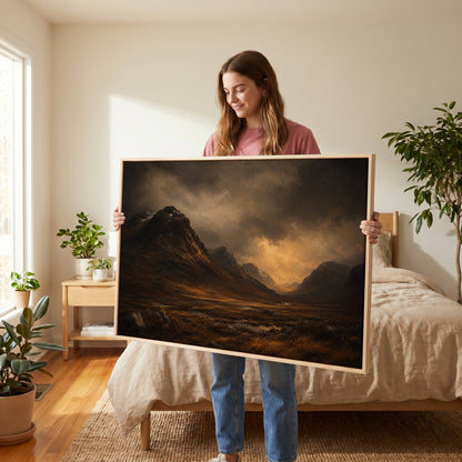 Dark Scottish glen with a steep mountain shoulder and a river under a break of golden storm light, canvas print
