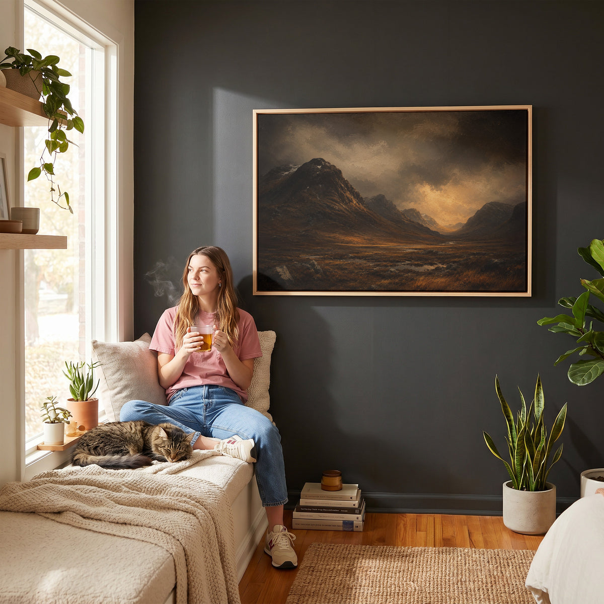Moody canvas wall art showing dark Scottish glen with a steep mountain shoulder and a river under a break of golden storm light