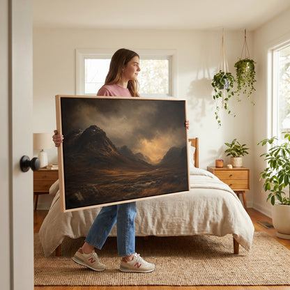 Mountain canvas wall art showing dark Scottish glen with a steep mountain shoulder and a river under a break of golden storm light