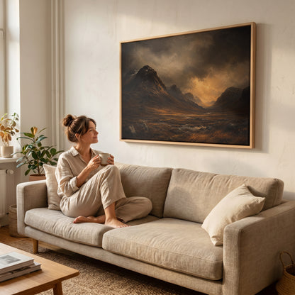 Glencoe canvas wall art showing dark Scottish glen with a steep mountain shoulder and a river under a break of golden storm light