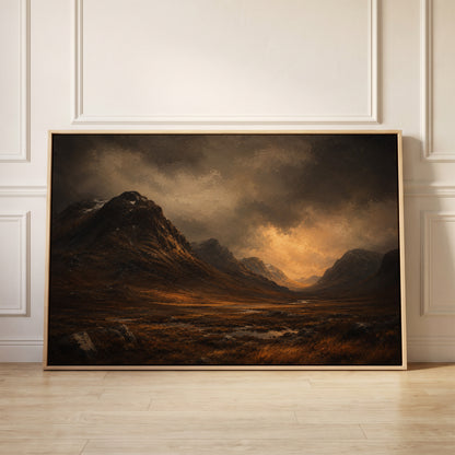 Dark Scottish glen with a steep mountain shoulder and a river under a break of golden storm light, canvas wall art