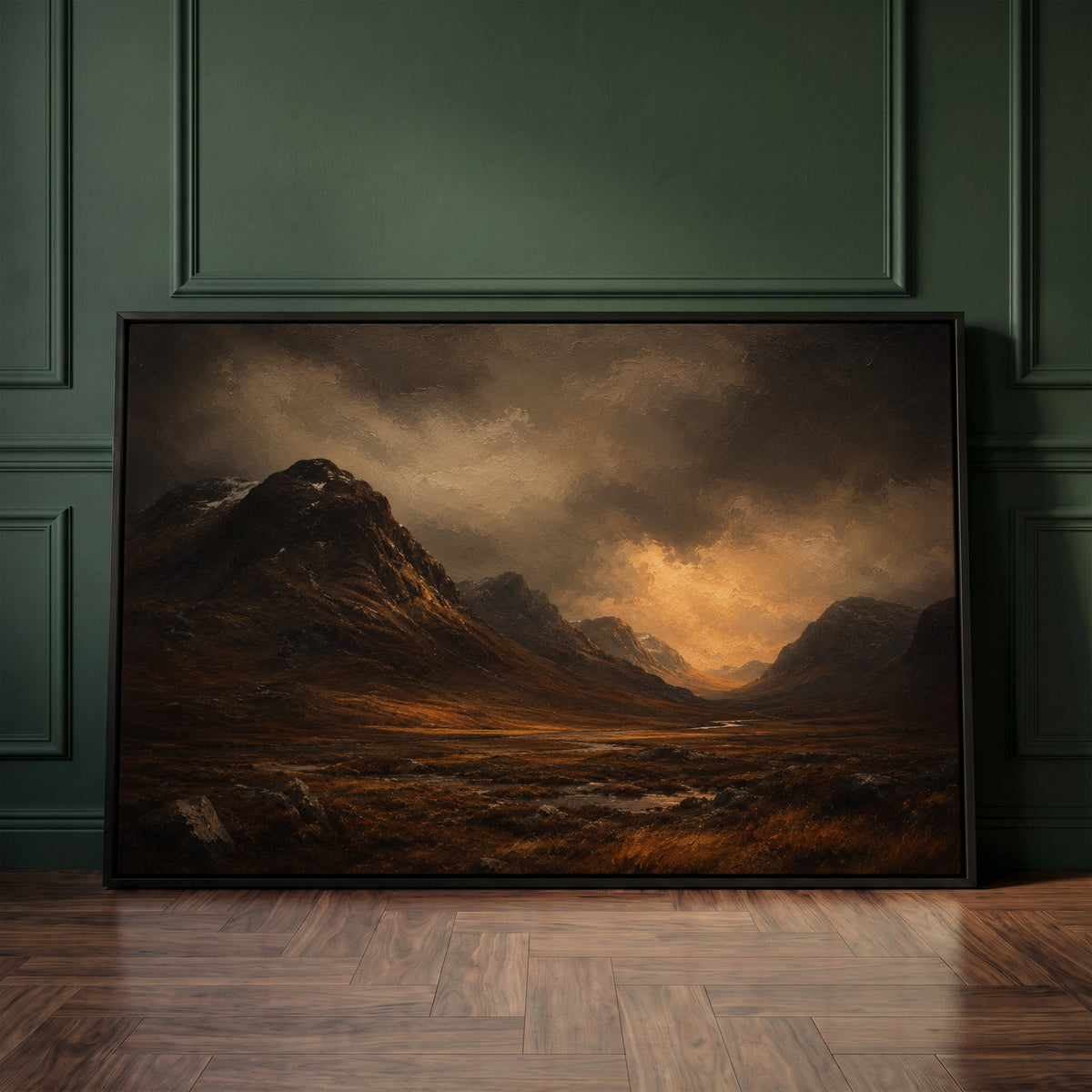 Scottish highlands canvas wall art showing dark Scottish glen with a steep mountain shoulder and a river under a break of golden storm light