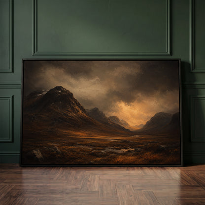 Scottish highlands canvas wall art showing dark Scottish glen with a steep mountain shoulder and a river under a break of golden storm light