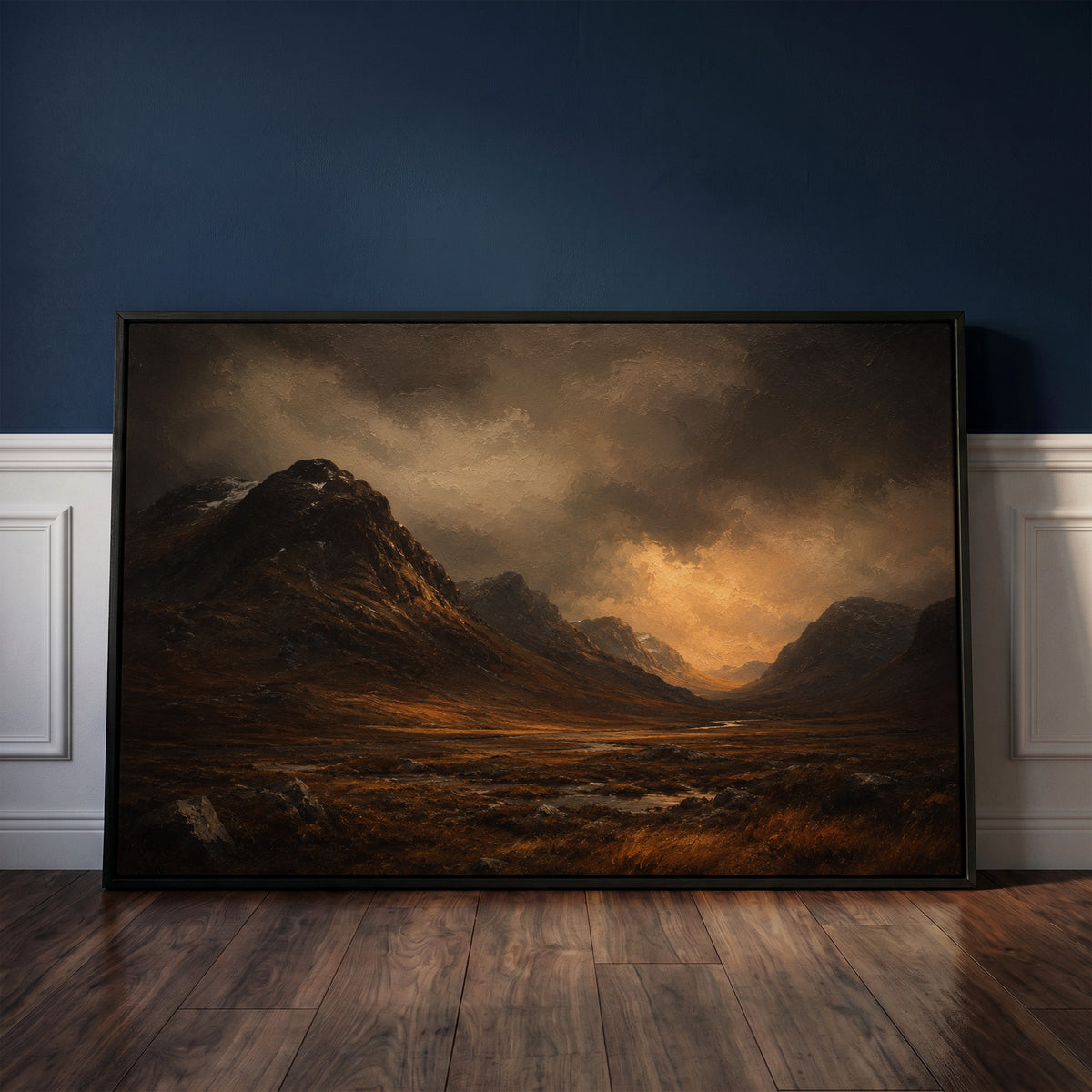 Dramatic canvas wall art showing dark Scottish glen with a steep mountain shoulder and a river under a break of golden storm light