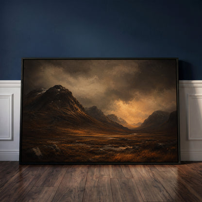 Dramatic canvas wall art showing dark Scottish glen with a steep mountain shoulder and a river under a break of golden storm light
