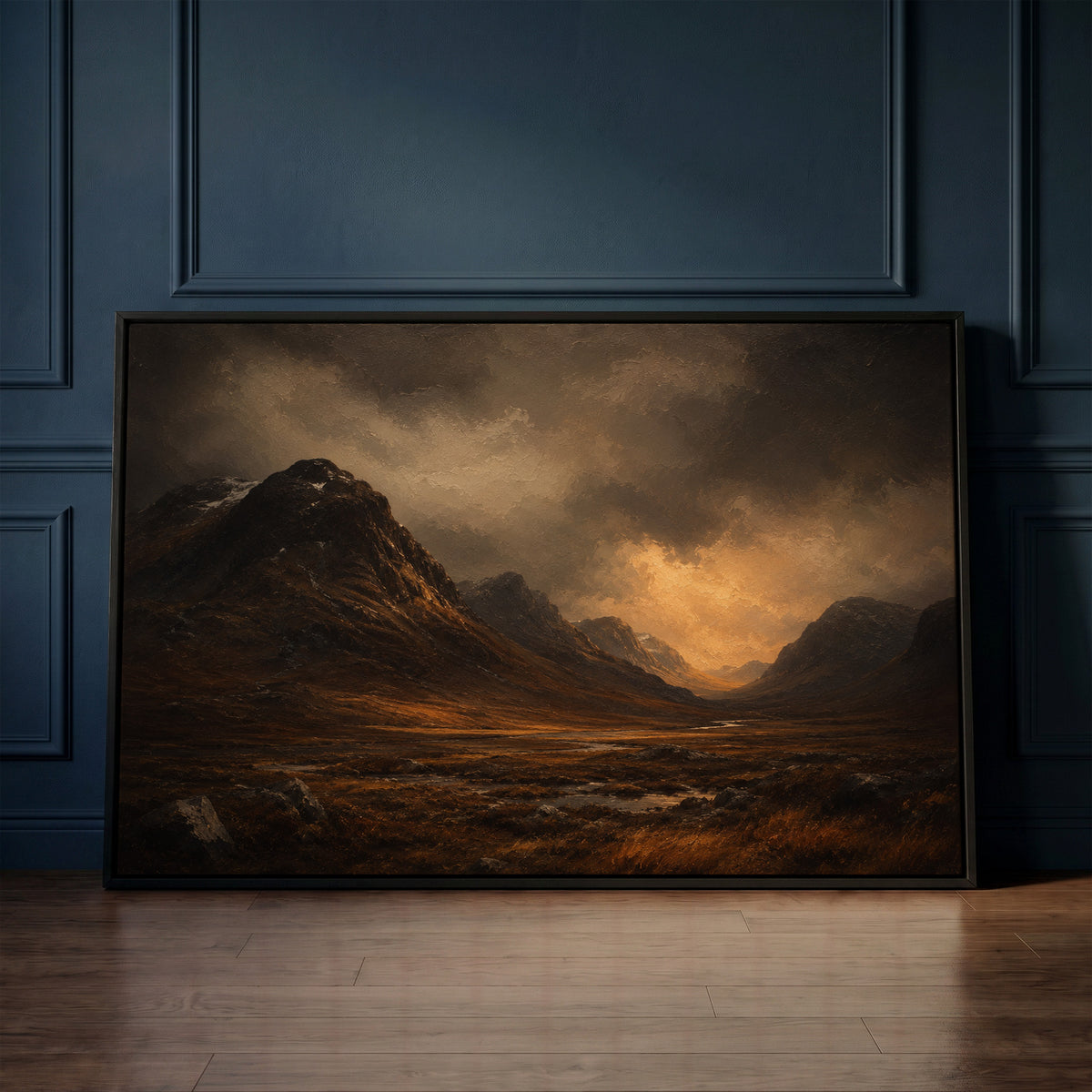 Dark Scottish glen with a steep mountain shoulder and a river under a break of golden storm light, wall art print