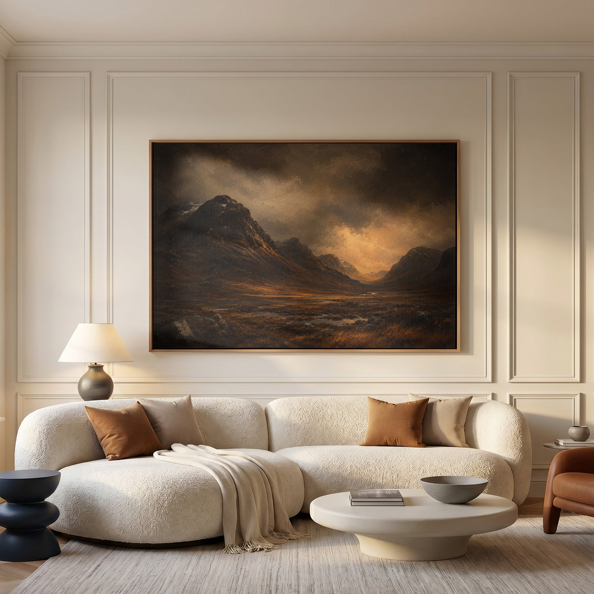 Highland glen canvas wall art showing dark Scottish glen with a steep mountain shoulder and a river under a break of golden storm light