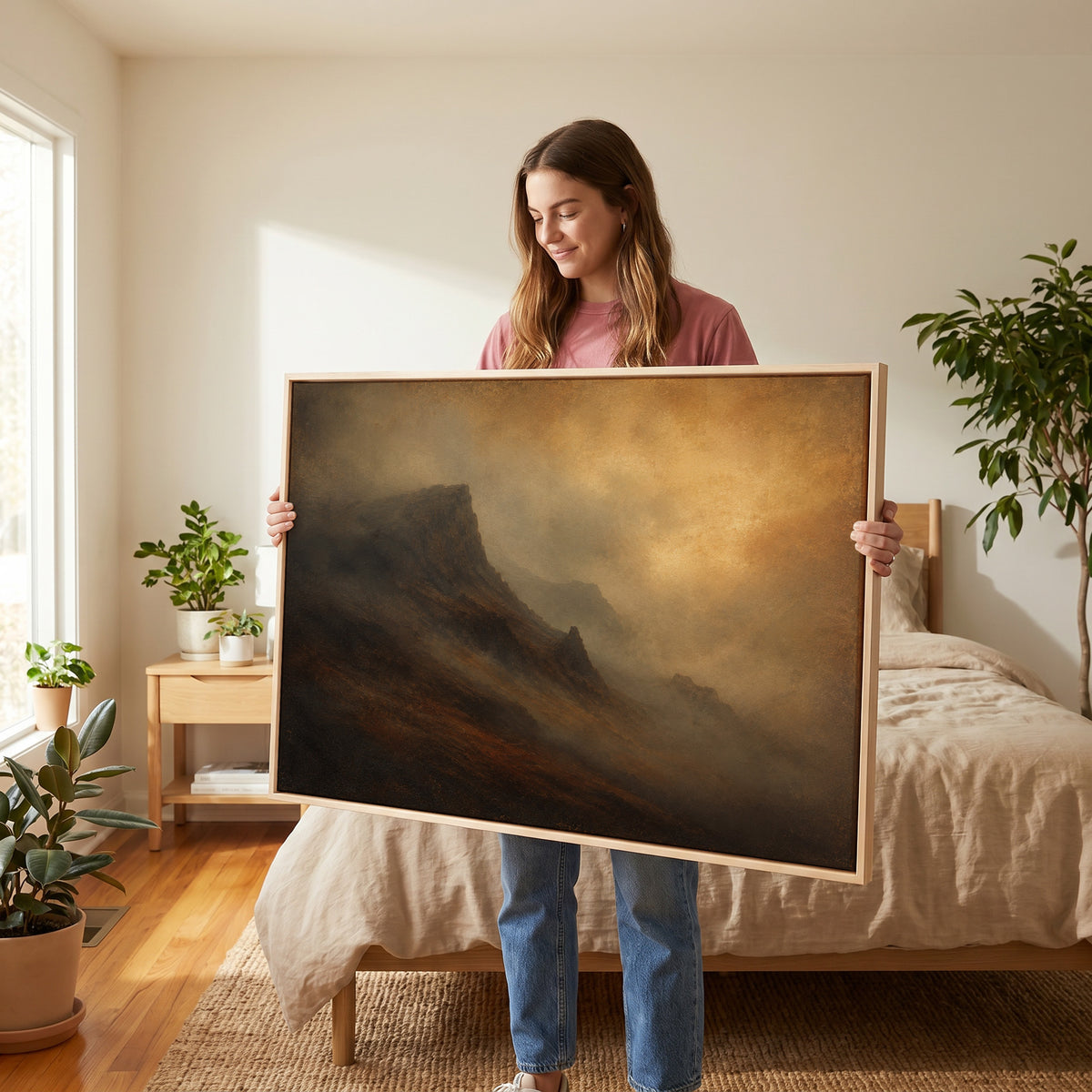 Misty mountain canvas wall art showing dark mountain ridge rising out of amber fog with fainter ridges receding behind it