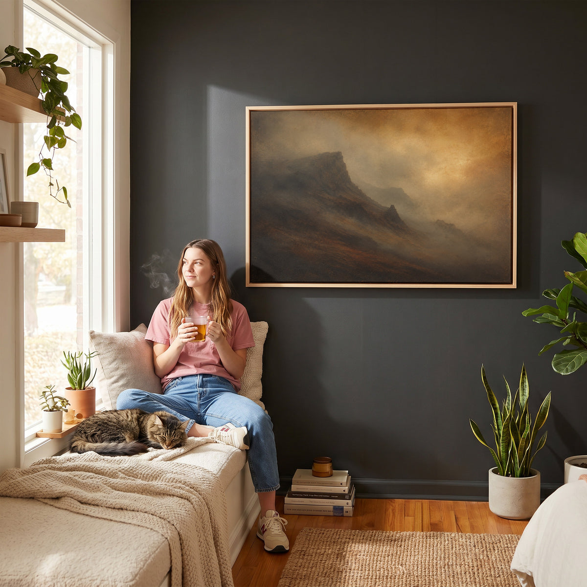 Isle of skye canvas wall art showing dark mountain ridge rising out of amber fog with fainter ridges receding behind it