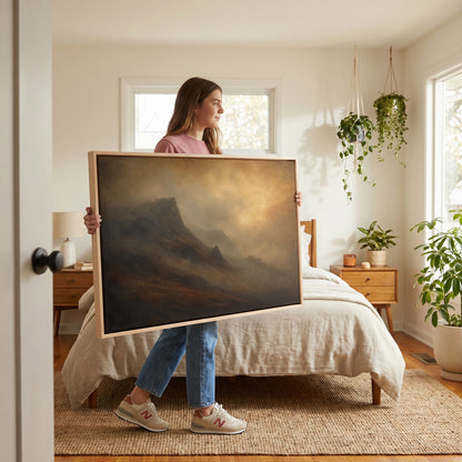Dark mountain ridge rising out of amber fog with fainter ridges receding behind it, isle of skye horizontal canvas print
