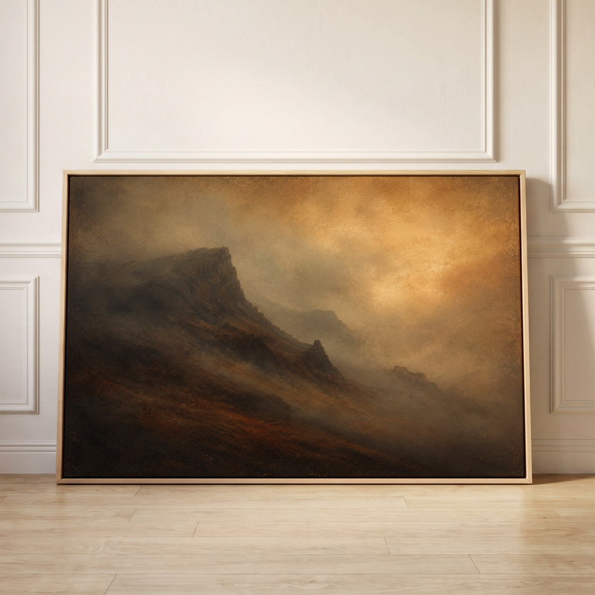 Dark mountain ridge rising out of amber fog with fainter ridges receding behind it, canvas wall art