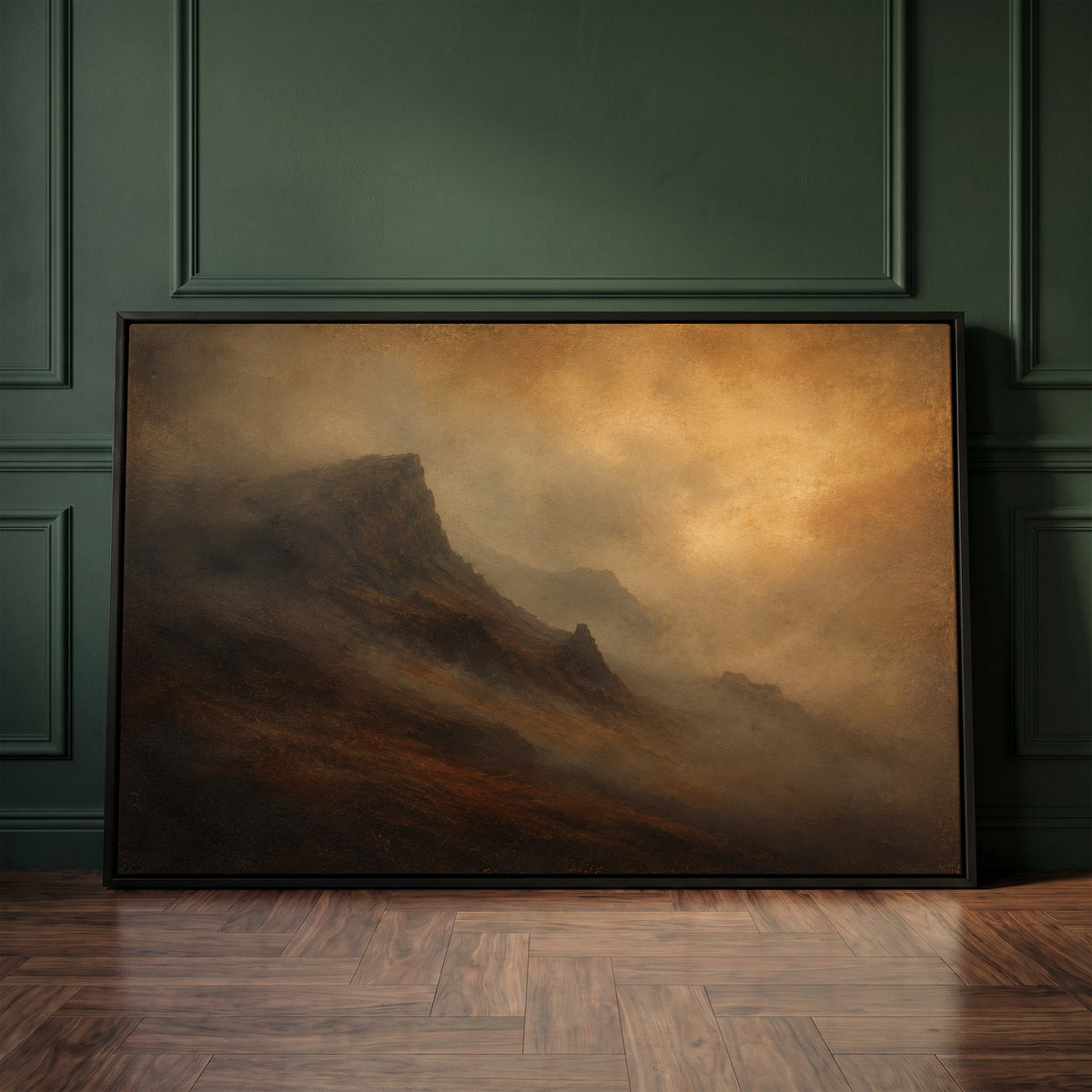 Quiraing canvas wall art showing dark mountain ridge rising out of amber fog with fainter ridges receding behind it