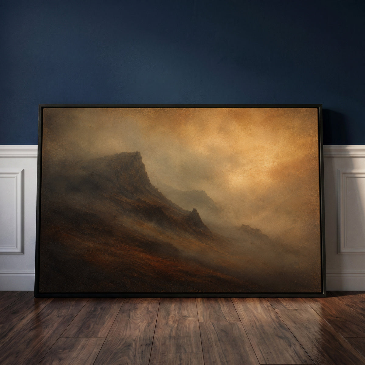 Highlands canvas wall art showing dark mountain ridge rising out of amber fog with fainter ridges receding behind it