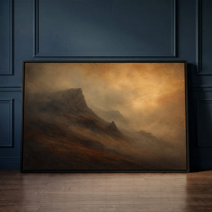 Atmospheric canvas wall art showing dark mountain ridge rising out of amber fog with fainter ridges receding behind it