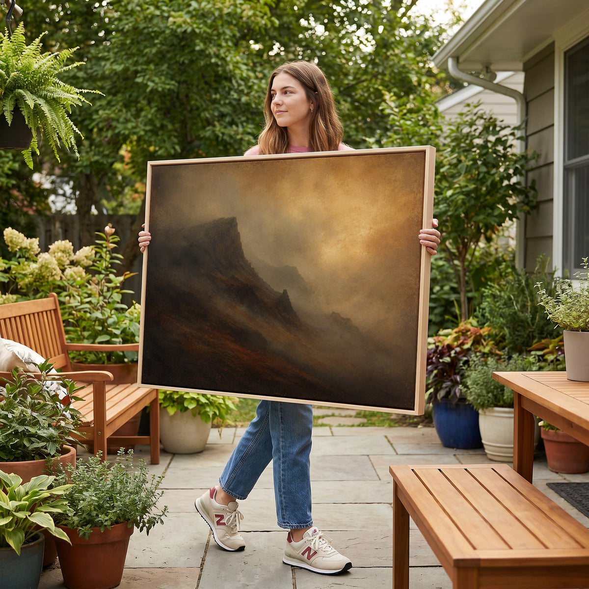 Fog canvas wall art showing dark mountain ridge rising out of amber fog with fainter ridges receding behind it