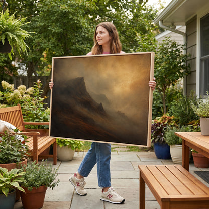 Fog canvas wall art showing dark mountain ridge rising out of amber fog with fainter ridges receding behind it