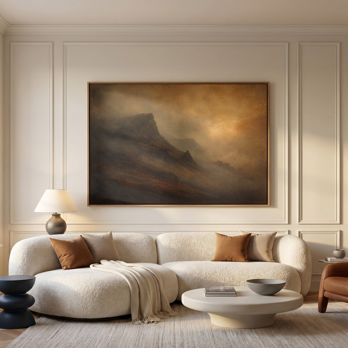 Travel canvas wall art showing dark mountain ridge rising out of amber fog with fainter ridges receding behind it