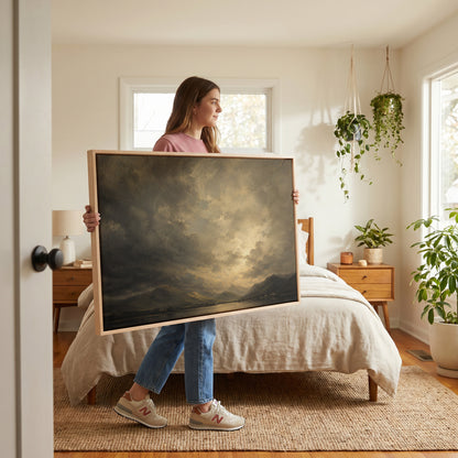 Broken storm cloud lit from behind over a still lake with low fells and tiny white cottages, canvas print