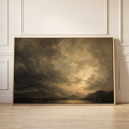 Broken storm cloud lit from behind over a still lake with low fells and tiny white cottages, canvas wall art