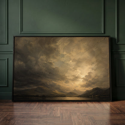 Broken storm cloud lit from behind over a still lake with low fells and tiny white cottages, wall art print