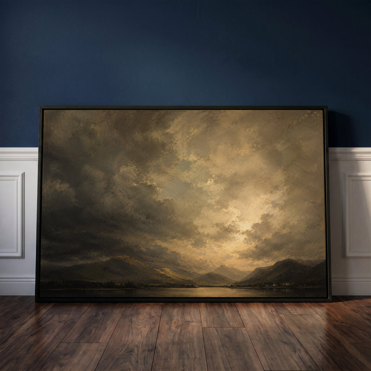 English landscape canvas wall art showing broken storm cloud lit from behind over a still lake with low fells and tiny white cottages