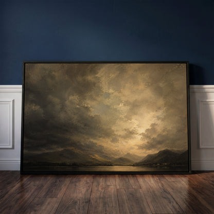 English landscape canvas wall art showing broken storm cloud lit from behind over a still lake with low fells and tiny white cottages