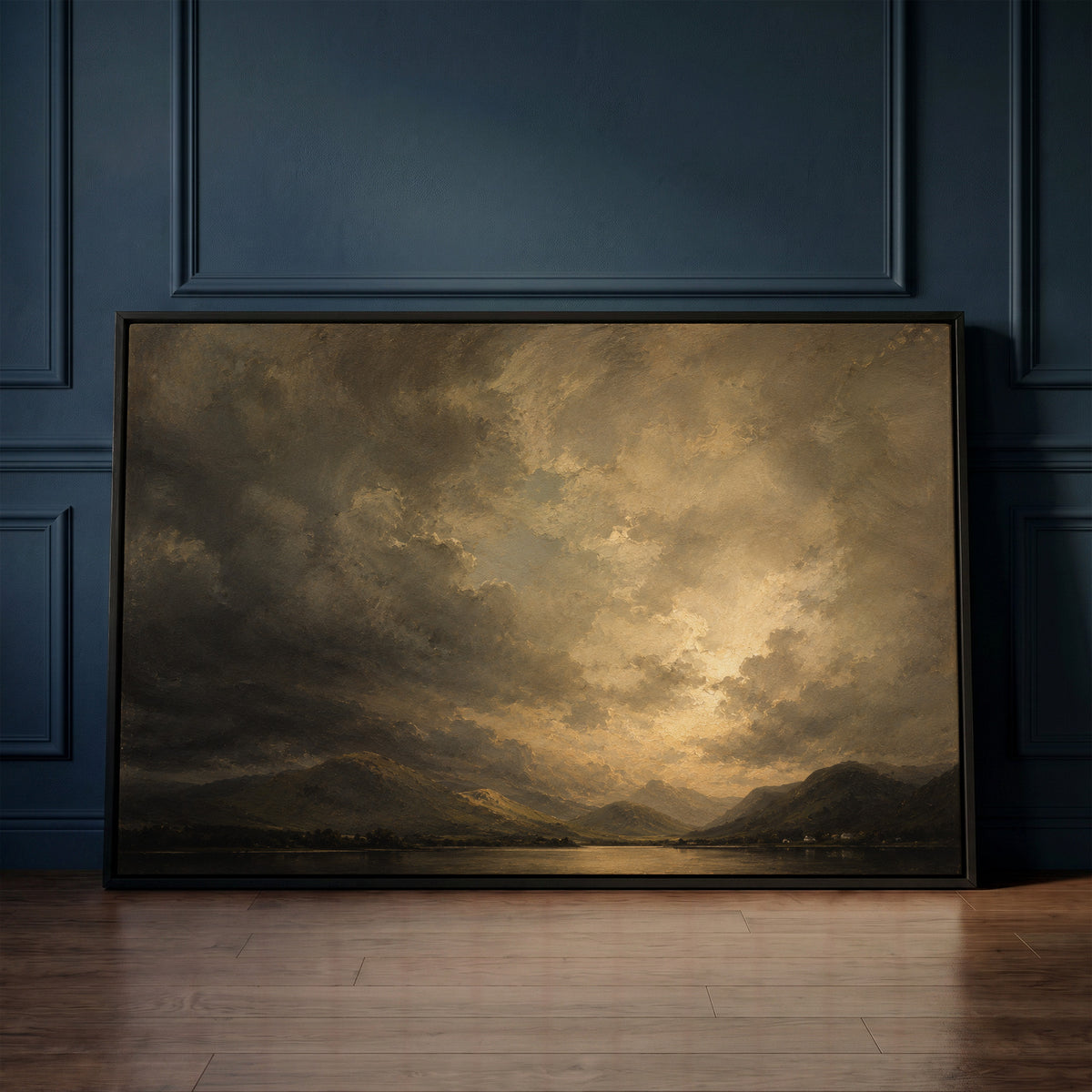 Moody landscape canvas wall art showing broken storm cloud lit from behind over a still lake with low fells and tiny white cottages