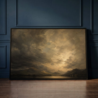 Moody landscape canvas wall art showing broken storm cloud lit from behind over a still lake with low fells and tiny white cottages
