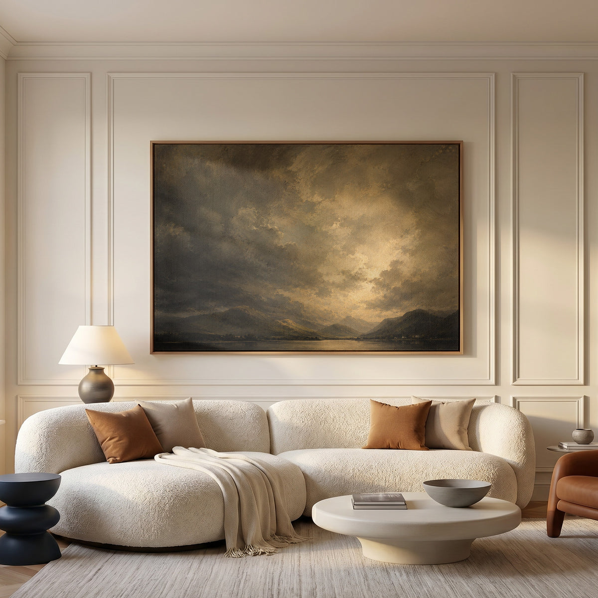 Cloud canvas wall art showing broken storm cloud lit from behind over a still lake with low fells and tiny white cottages