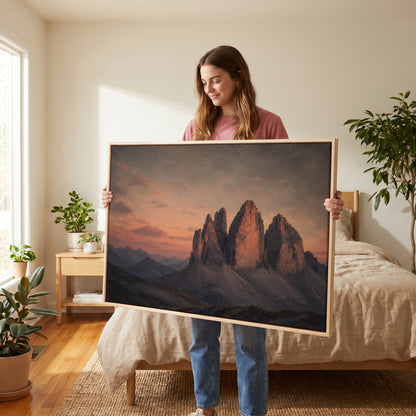 Three limestone towers of Tre Cime di Lavaredo lit pink at sunset above blue scree slopes, wall art print