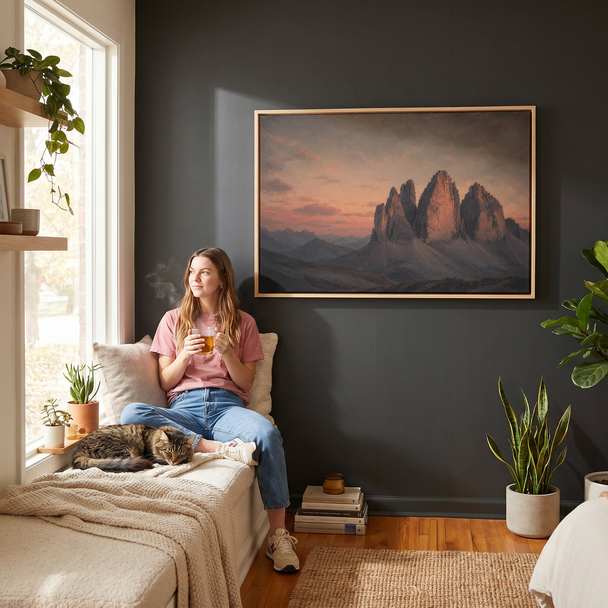Oil painting canvas wall art showing three limestone towers of Tre Cime di Lavaredo lit pink at sunset above blue scree slopes