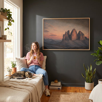 Oil painting canvas wall art showing three limestone towers of Tre Cime di Lavaredo lit pink at sunset above blue scree slopes