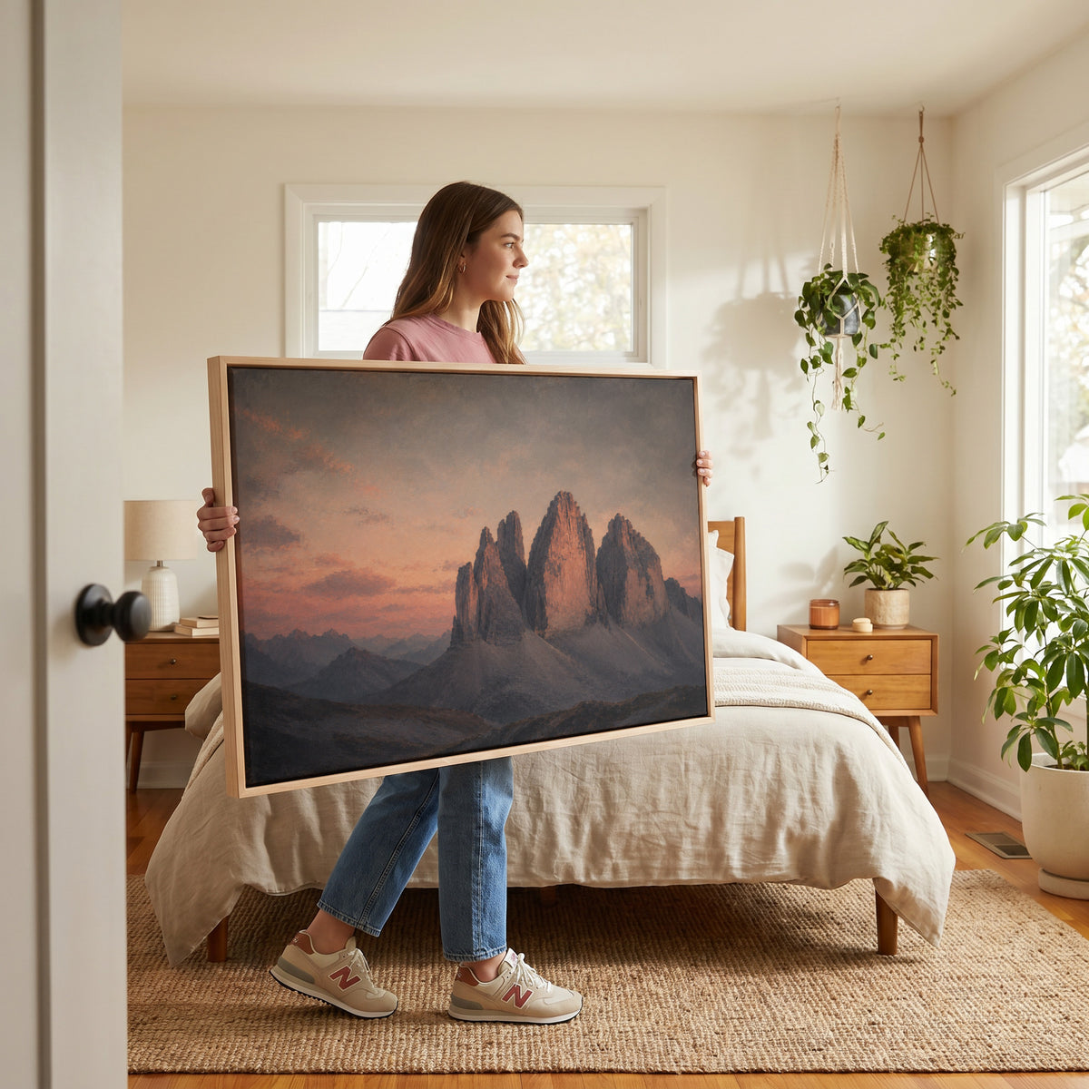 Tre cime canvas wall art showing three limestone towers of Tre Cime di Lavaredo lit pink at sunset above blue scree slopes